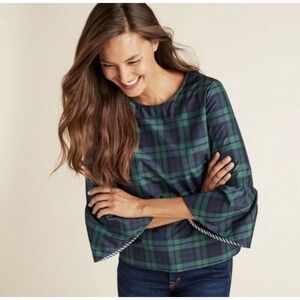 Vineyard Vines Womens Black Watch Tartan Bell Sleeve Silk Blend Blouse Sz 00